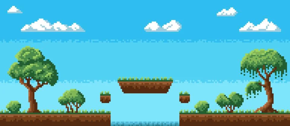 Pixel game interface. 8 bit retro graphic, nature location landscape, repeated Stock Illustration