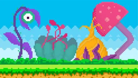 Pixel-game interface abstract layout design. Fantasy glade with pixel alien Illustrazione stock