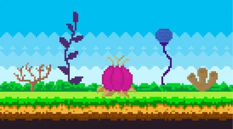 Pixel-game interface abstract layout design. Fantasy glade with pixel alien Illustrazione stock