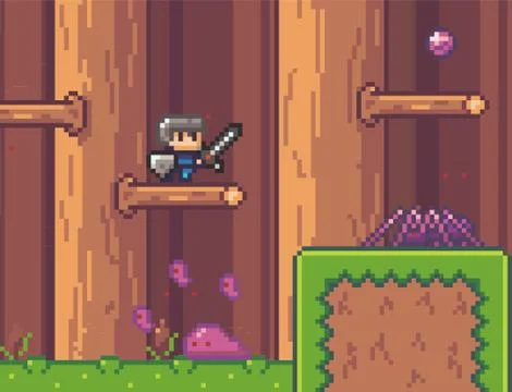 Pixel game interface, characters, man in wood with monsters, spider and slime Stock Illustration