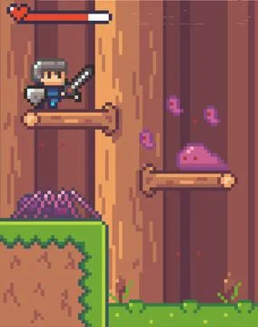 Pixel game interface, characters in wood, aggressive mobs attack hero knight at Illustrazione stock