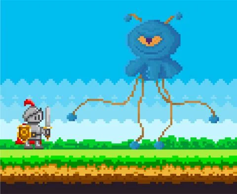 Pixel game interface design. Evil blue monster with one eye hits knight in armor Stock Illustration
