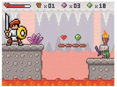 Pixel game interface. A knight in armor walks along a platform above the lava Stock Illustration