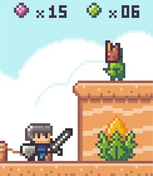 Pixel game interface, knight with swird in front of wall with monster, left Stock Illustration