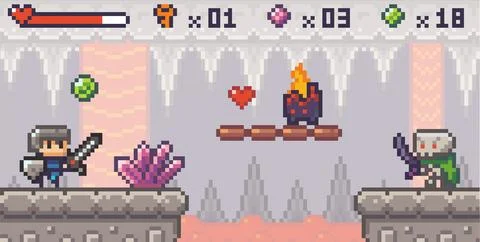 Pixel game interface, knight throwing bombs into skeleton, cave with boiling Stock Illustration