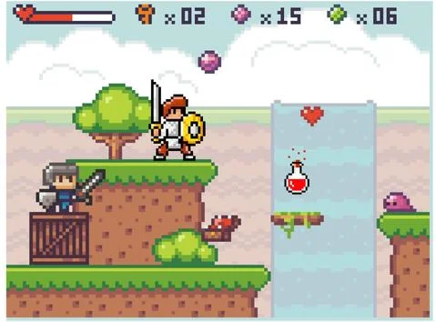Pixel game interface. Knight wear armor is holding sword in his hands. Heroes go 스톡 일러스트