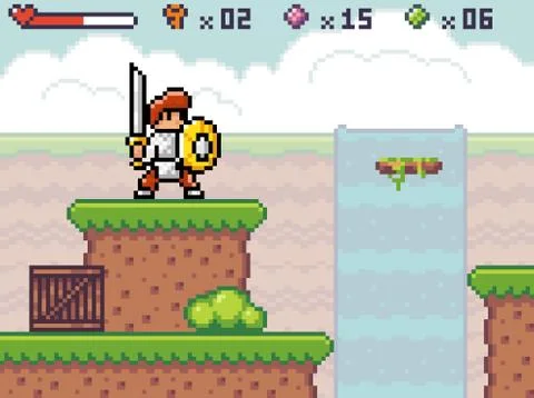 Pixel game interface, knight wearing armor with shield and sword, status line Stock Illustration