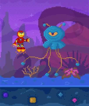 Pixel game interface layout. Alien attacks pixelated character in dark scene Stock Illustration