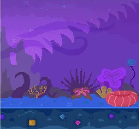 Pixel game interface layout design. Dark alien street with colored crystals Stock Illustration