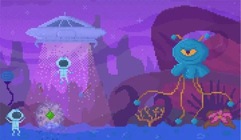 Pixel game interface layout design. Flying saucer engulfs alien. Angry blue Illustrazione stock