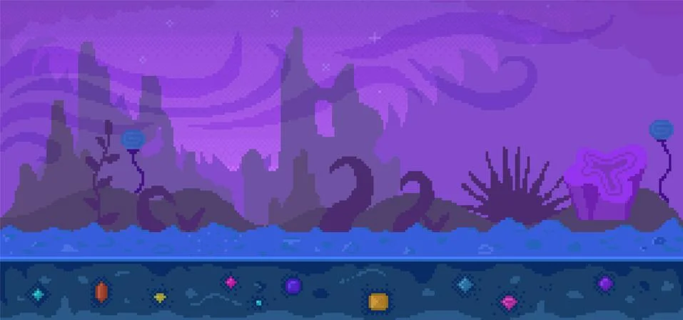 Pixel game interface layout design. Dark alien street with colored crystals 스톡 일러스트