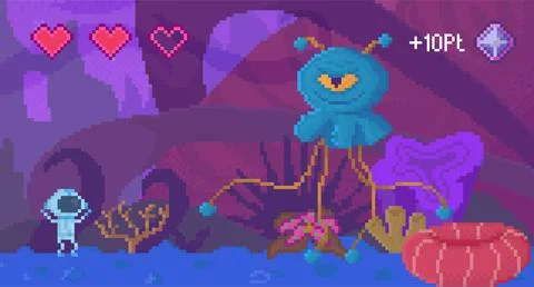 Pixel game interface layout design. Angry blue monster with one eye. Alien Stock Illustration