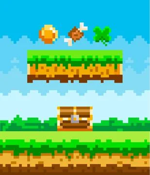 Pixel game interface layout design with coin leaf chest and meat bone. Pixel 8 Stock Illustration