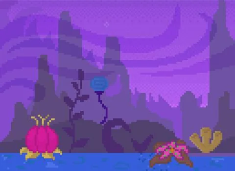 Pixel game interface layout design. Dark alien street with colored crystals 스톡 일러스트