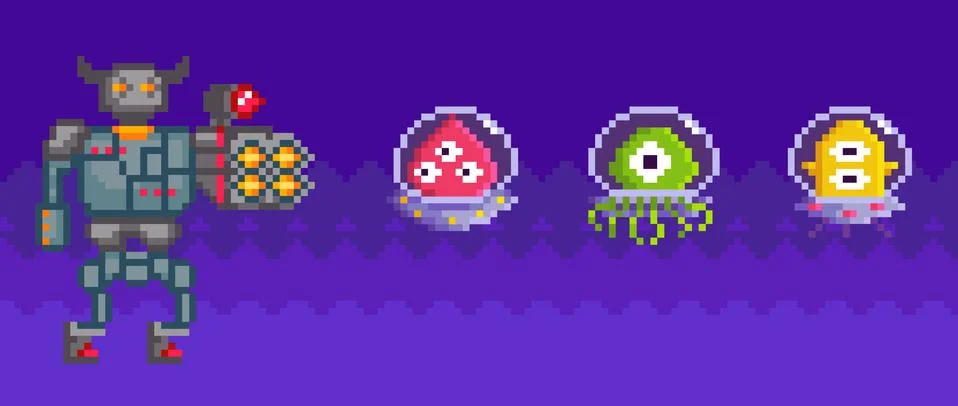 Pixel game interface layout design. Angry iron pixelated monster with horns on Stock Illustration