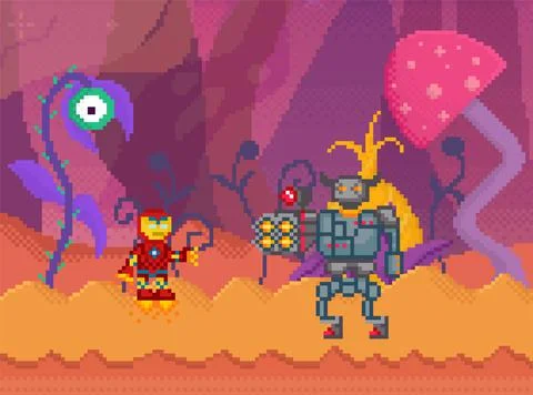 Pixel game interface layout design. Angry iron pixelated monster with horns Stock Illustration