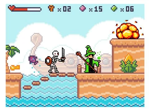 Pixel game interface. Skeleton with sword attacks the wizard. Character in Stock Illustration