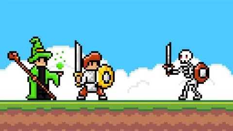 Pixel game interface, wizard and knight heroes attack, fight with monster Stock Illustration