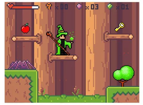 Pixel game interface. Wizard in mantle waiting for hero. Character in costume Stock Illustration