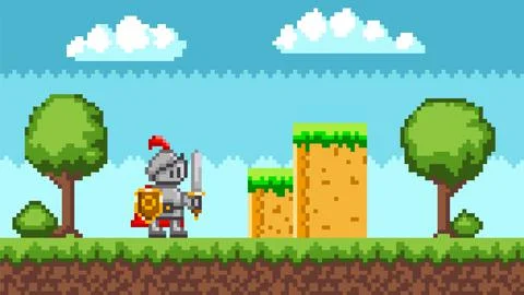 Pixel-game knight character. Pixelated natural landscape with warrior holding 스톡 일러스트