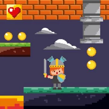Pixel game knight coins level night landscape Stock Illustration