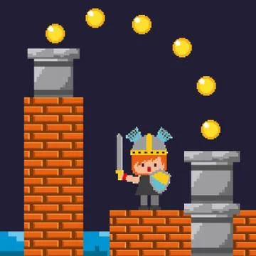 Pixel game knight shield sword coins and brick wall Illustrazione stock