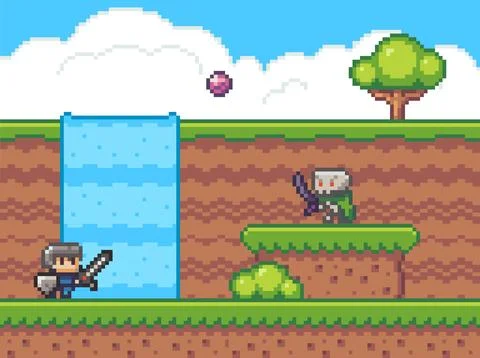Pixel game, knight with sword throwing ball into monster skeleton, 2d texture 스톡 일러스트
