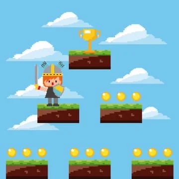 Pixel game knight trophy levels sky clouds Stock Illustration