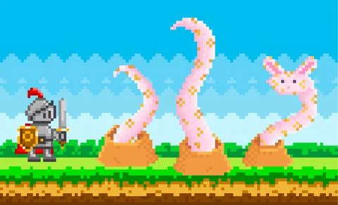Pixel-game layout. Knight battling with alien plants with tentacles on green 스톡 일러스트