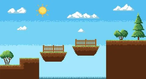 Pixel game location. Landscape with flying wooden fences segments, 8 bit retro Stock Illustration