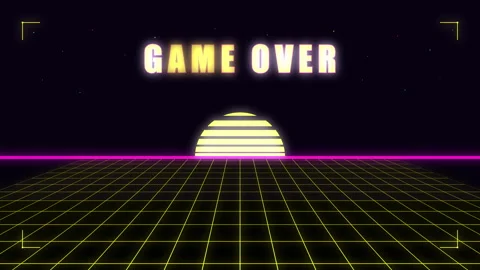 Pixel game over animation in retro synthwave style with neon grid loop Stock Footage 346544172