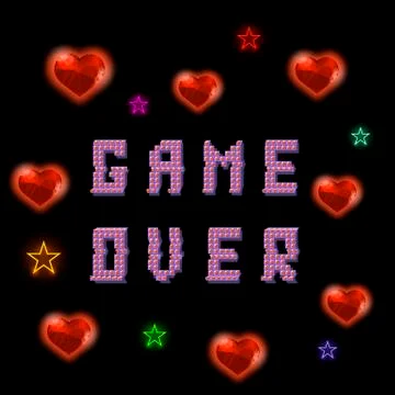 Pixel Game Over Sign with Hearts on Black Backround. Gaming Concept. Colored Ilustração Stock