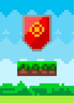 Pixel-game red shield icon. Abstract baffle pixelated object in pixel style in Stock Illustration