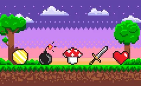 Pixel Game Scene, Background and Icons Vector Stock Illustration