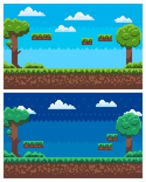 Pixel Game Scene, Day and Night View Panorama Illustrazione stock