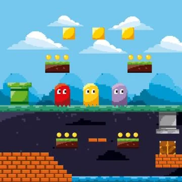 Pixel game scene ghosts ground level treasure coins Illustrazione stock