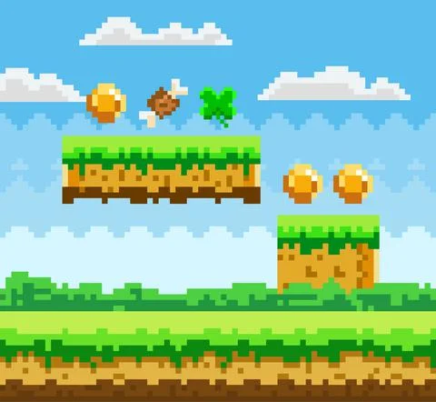 Pixel-game scene with grass, ground platforms and awards for player golden coins Stock Illustration