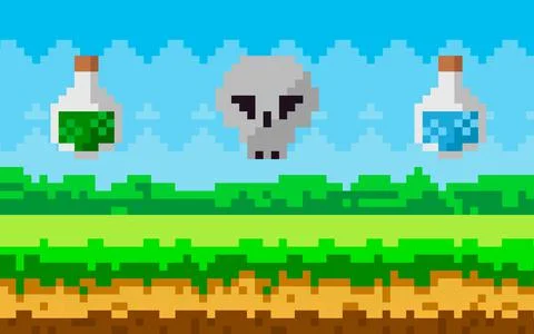 Pixel-game scene with grass meadow, skull and flasks with magic liquid soar in Stock Illustration