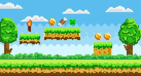 Pixel-game scene with grass, trees and awards for player golden coins, meat bone Stock Illustration