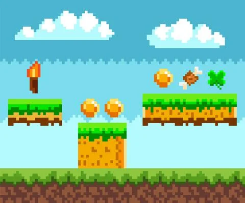 Pixel-game scene with grass, trees and awards for player golden coins, meat bone Stock Illustration