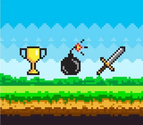 Pixel game scene with green grass and valuable awards bomb with wick, gold イラスト素材