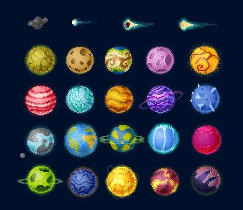 Pixel game space planets and stars, asteroids set Stock Illustration