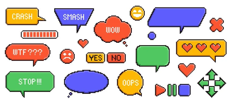 Pixel game speech bubbles. Retro computer graphic, 8 bit game design elements イラスト素材