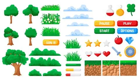 Pixel game tree. Arcade level landscape. Retro bit video. Interface screen Stock Illustration
