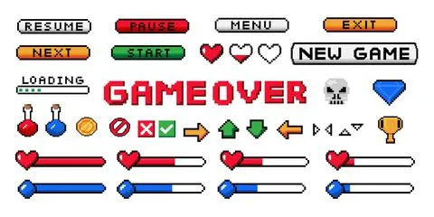 Pixel game UI. 8-bit interface buttons and arrows. Health and mana progress bar Stock Illustration