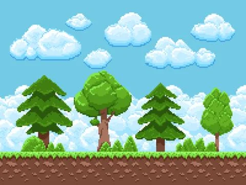Pixel game vector landscape with trees, sky and clouds for 8 bit vintage arcade Stock Illustration