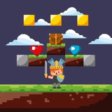 Pixel game warrior sword shield night level scene Stock Illustration