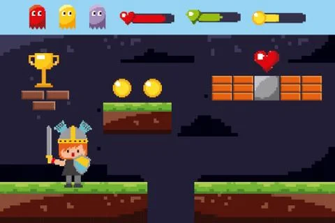 Pixel game world warrior sword shield trophy coins life level Stock Illustration