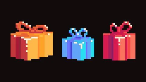 Pixel gift set. Gift box sign. Pixel art icon for 8-bit video game. Vector Stockillustratie