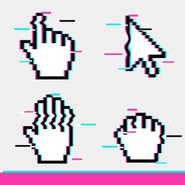 Pixel glitch mouse hand and arrow cursor icon sign set Ilustração Stock